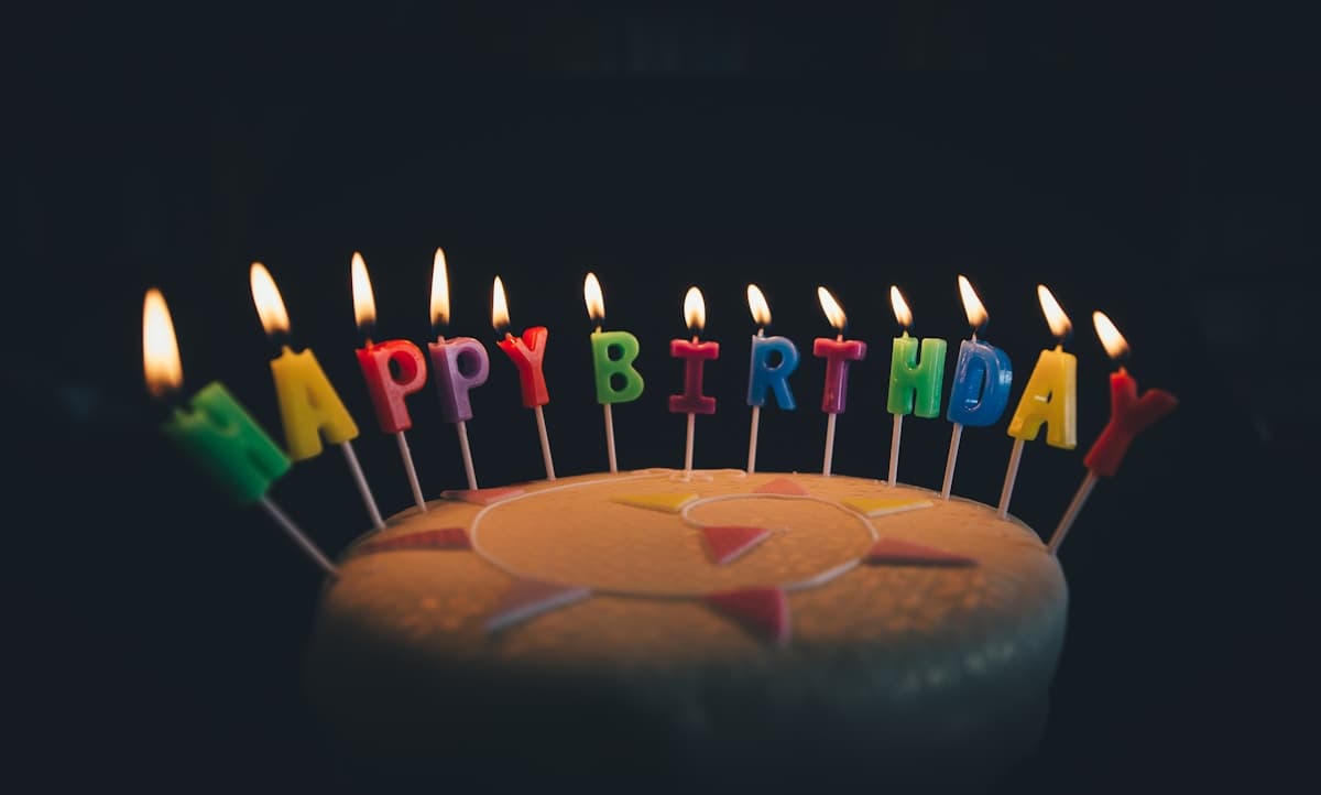 Birthday cake with lit candles spelling Happy Birthday